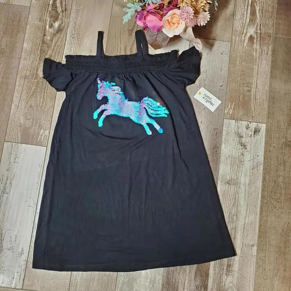 NWT Rumi + Ryder Black and Silver Sequin Unicorn Cold Shoulder Dress Girls 8-10